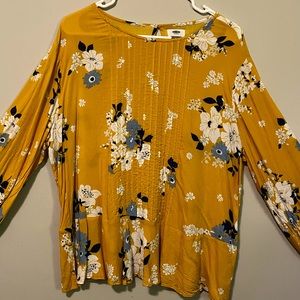 Old Navy Peplum Blouse - Size XL Mustard Yellow white/navy/light blue florals